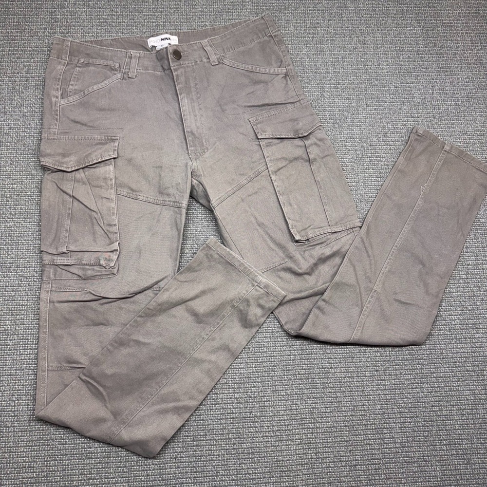 Fashion Nova Men Grey Cargo Pants Slim Tapered Multi Pocket Utility 34 Cotton